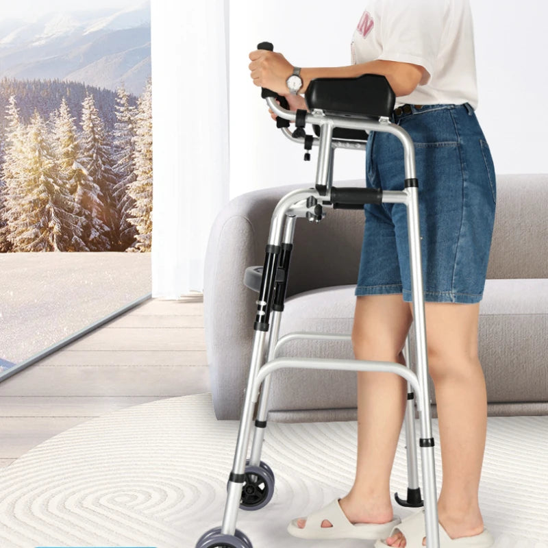 Rehabilitative Four-Legged Cane with Seat Elderly Non-Slip Walking Stick Portable and Foldable Trolley Walker