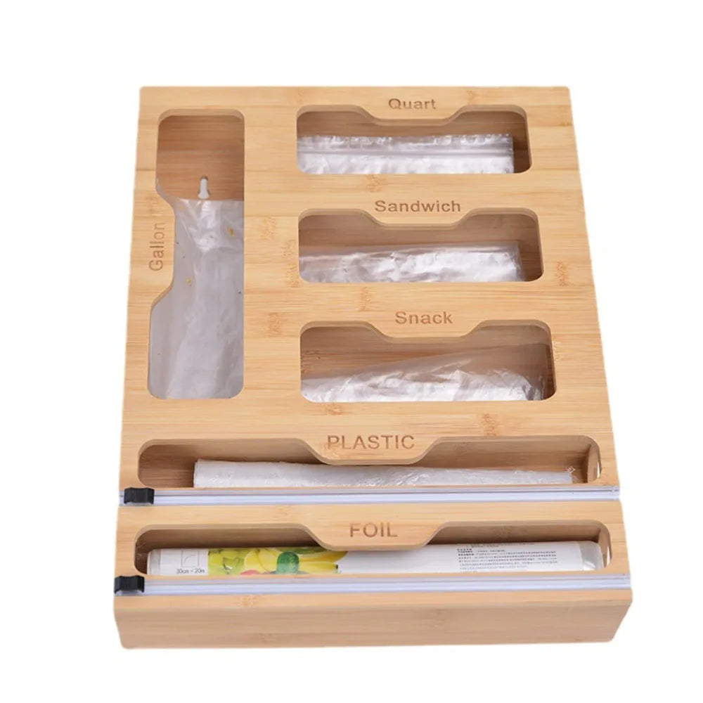 Bamboo Organizer Wall Mount Wood Multi Layer Plastic Wrap Dispenser Cutter Cling Film Holder Storage Box Kitchen Accessories